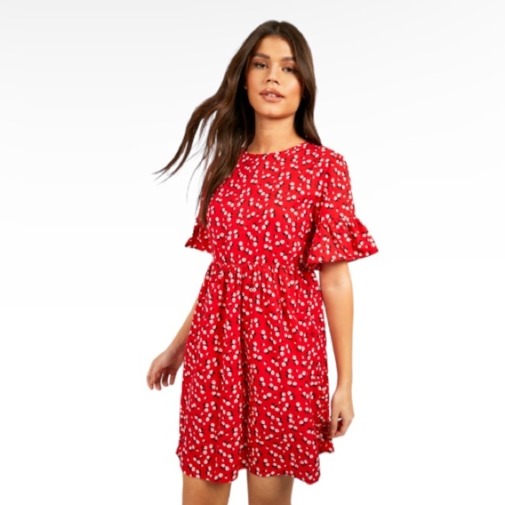 NWT Women’s Smock Short Sleeve Ditsy Floral Red Mini Dress Sz 4